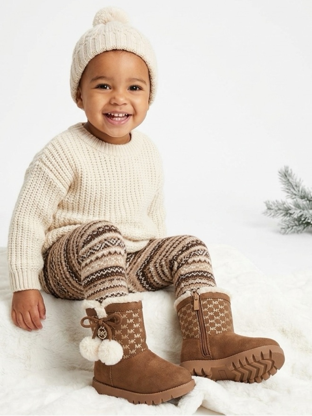 Michael Kors Boots Toddler Size 7 Brown Gold MK Logo Pom Poms Payson